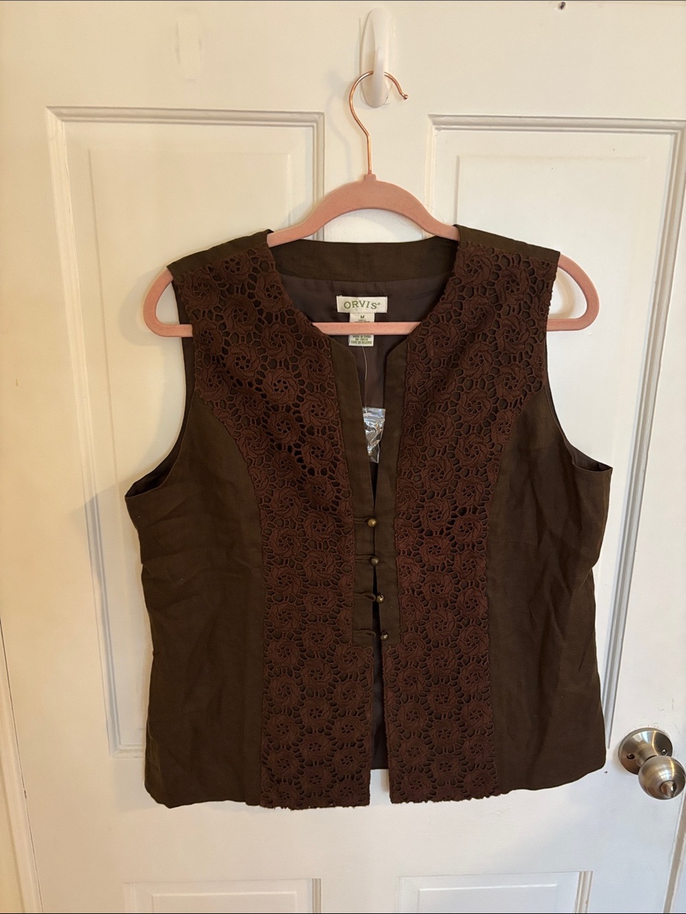 Orvis Dark Brown Crochet Front Sleeveless Vest Size Medium